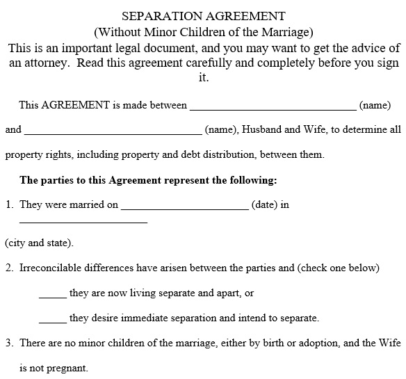 separation agreement without minor children of the marriage