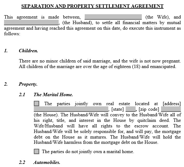 separation and property settlement agreement template