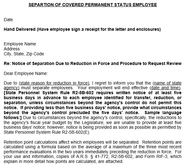 separation of covered permanent status employee template