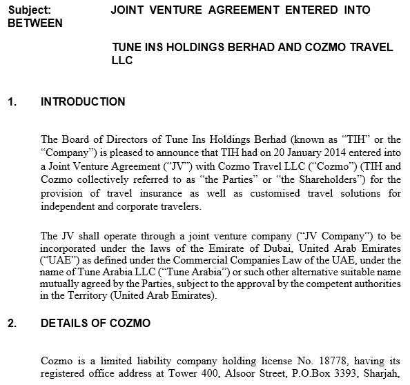 simple joint venture agreement template