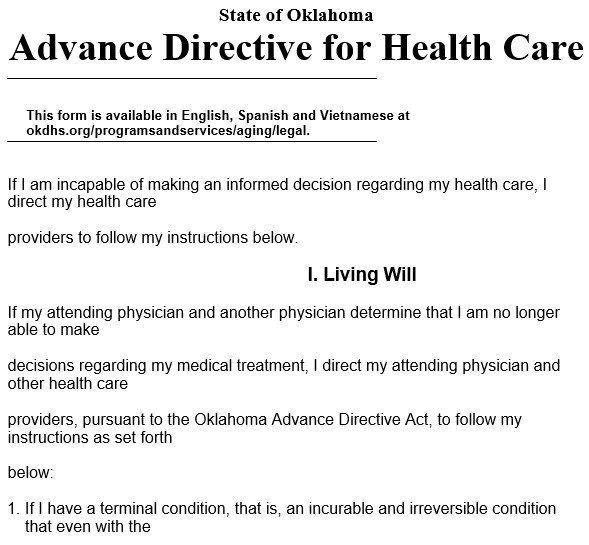 state of oklahoma advance directive for health care