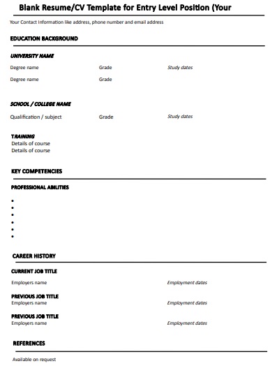 blank resume template for entry level positions