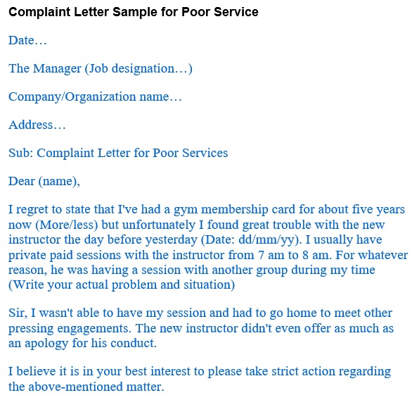 complaint letter sample for poor service