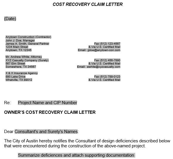 cost recovery claim letter