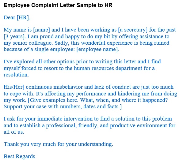 employee complaint letter sample to hr