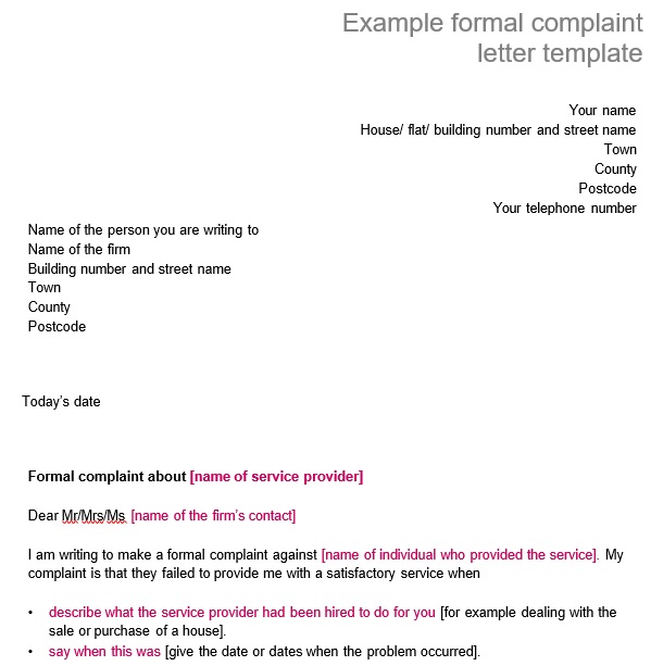 example formal complaint letter template