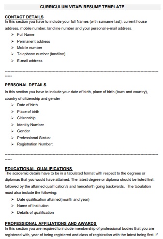 free curriculum vitae resume template