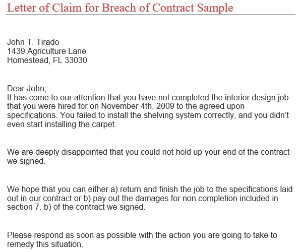letter of claim for breach of contract sample