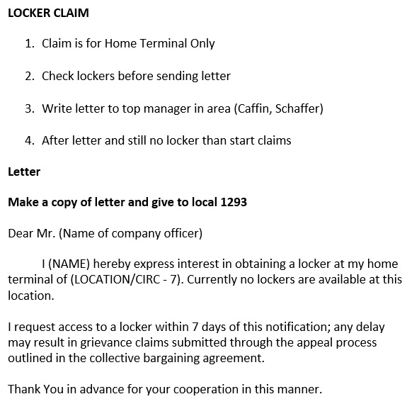 locker claim letter sample
