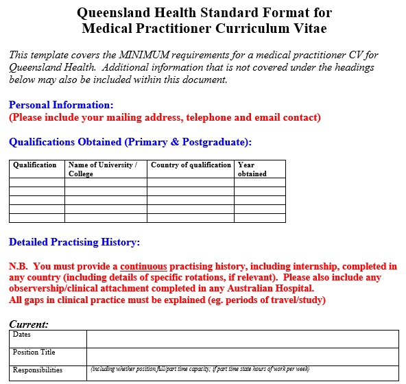 queensland health standard format for medical practitioner curriculum vitae