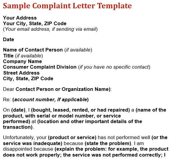 sample complaint letter template