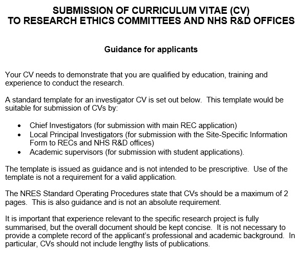 submission of curriculum vitae cv to research ethics committees and nhs rd offices