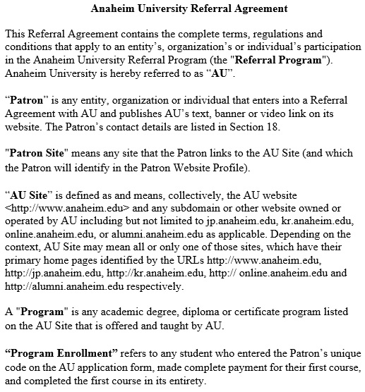 anaheim university referral agreement template