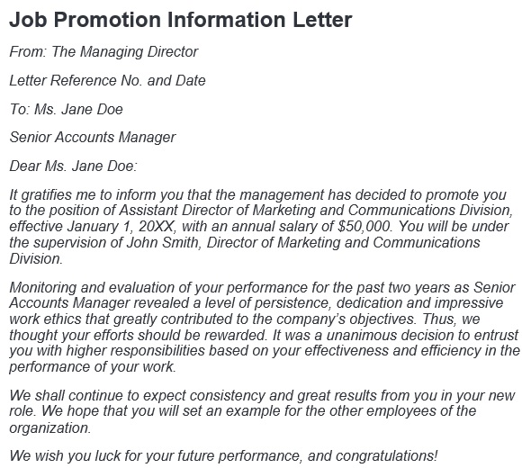 job promotion information letter