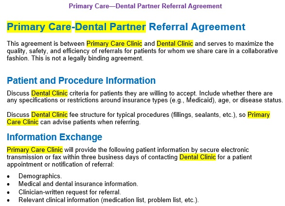 primary care dental partner referral agreement template