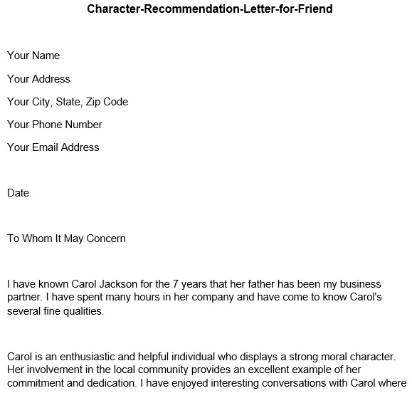 character recommendation letter for a friend