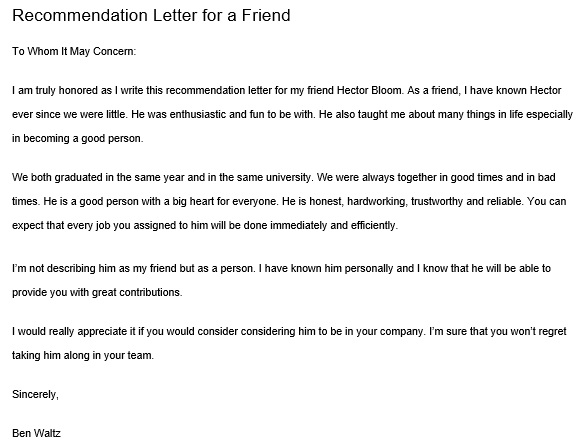 free letter of recommendation for a friend 1