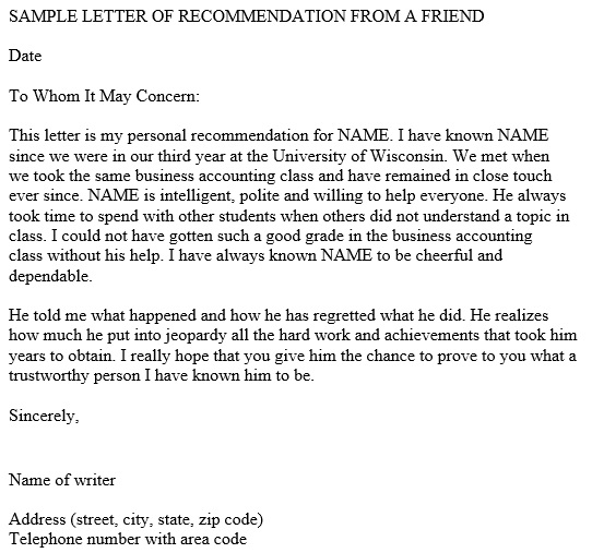free letter of recommendation for a friend 10