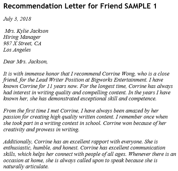 free letter of recommendation for a friend