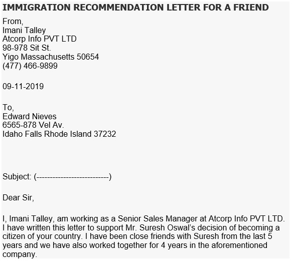 immigration recommendation letter for a friend