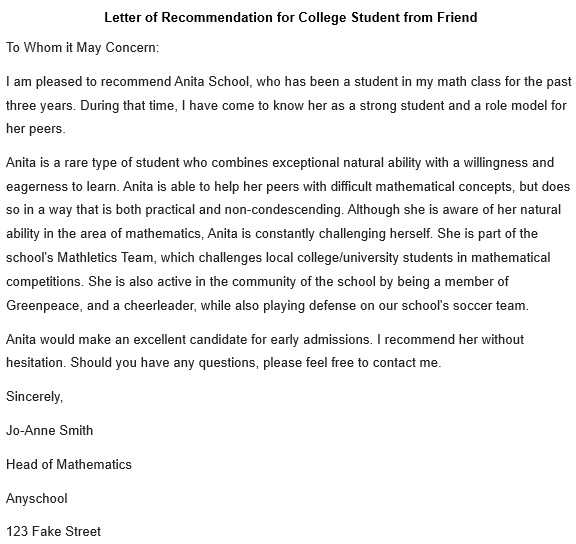 letter of recommendation for college student from friend