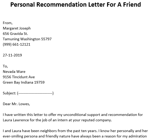 personal recommendation letter for a friend