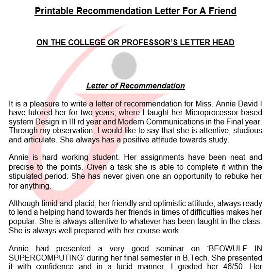 printable letter of recommendation for a friend