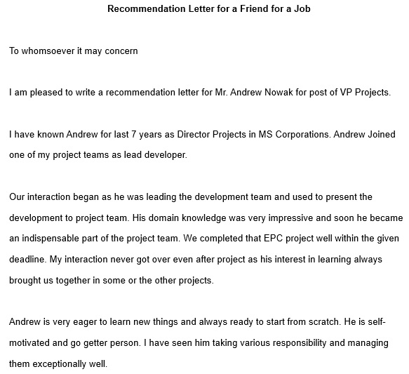 recommendation letter for a friend for a job