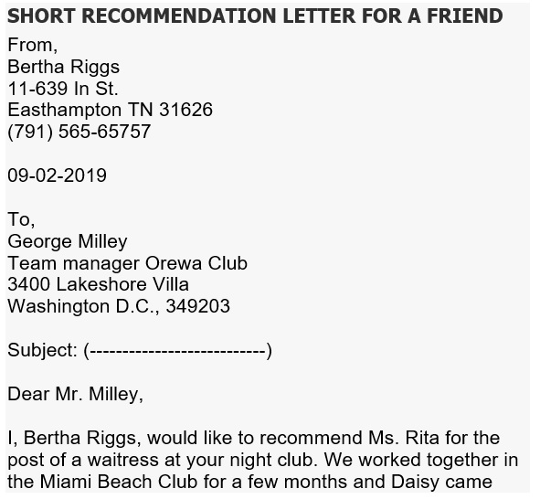 short recommendation letter for a friend