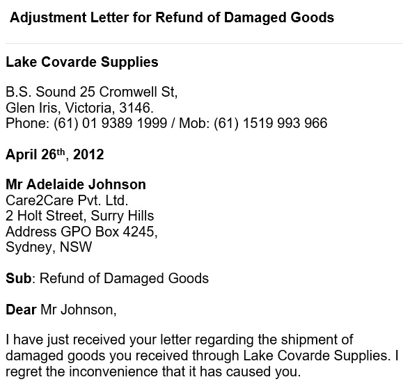 adjustment letter for refund of damaged goods
