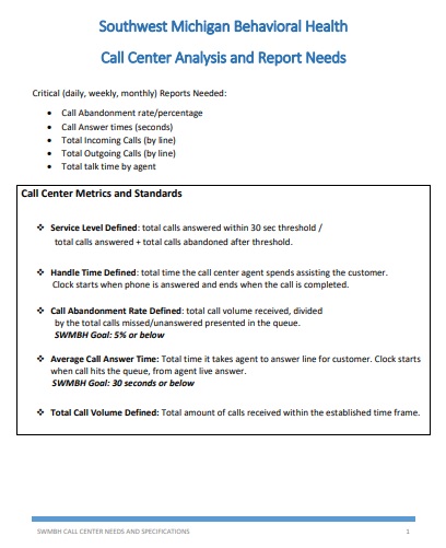 call center analysis and report needs