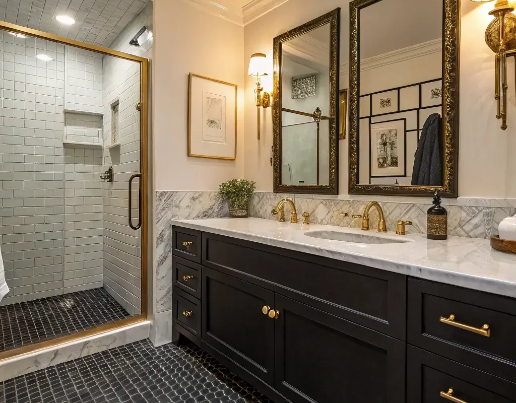 Black Penny Tile with Gold Fixtures