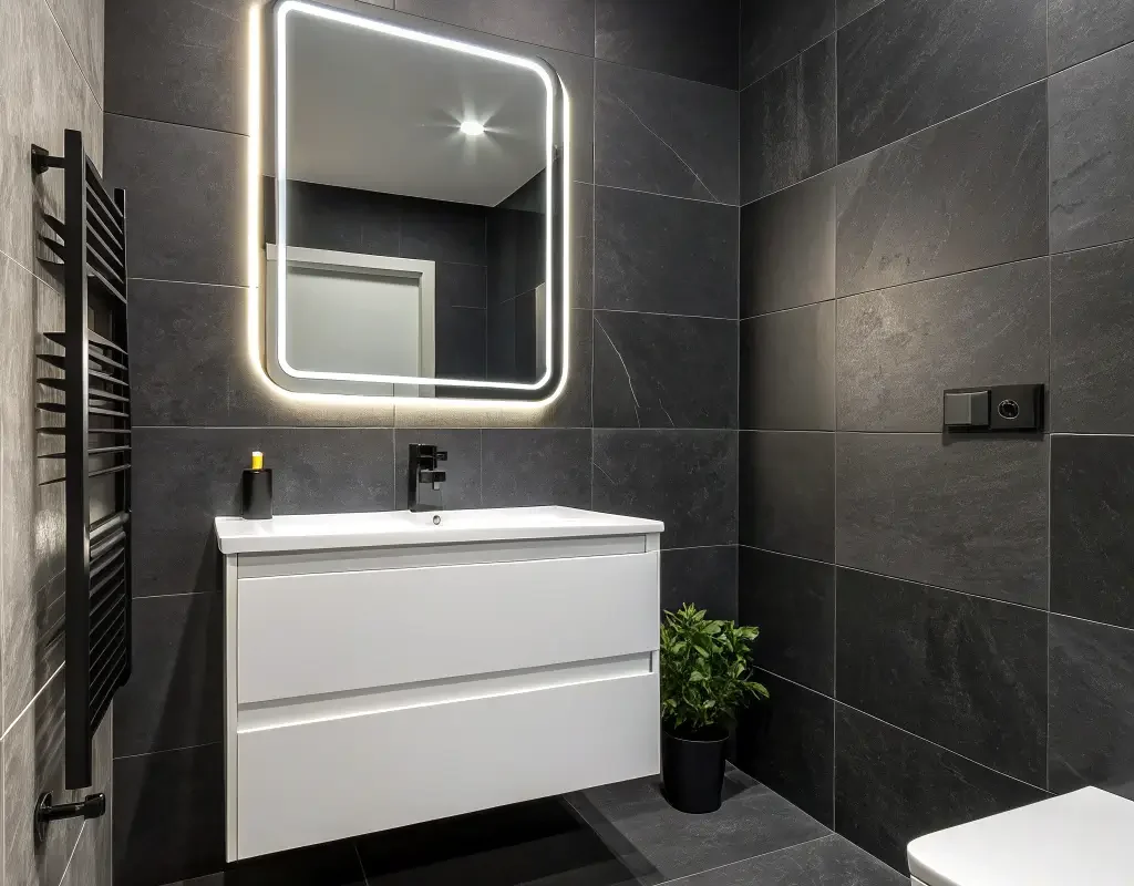 Charcoal Tiles and White Vanity Contrast