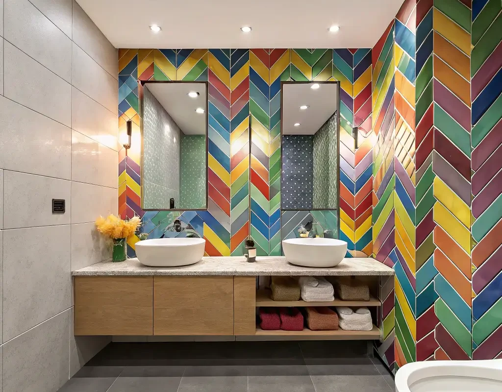 Colorful Mosaic Herringbone Accent Wall