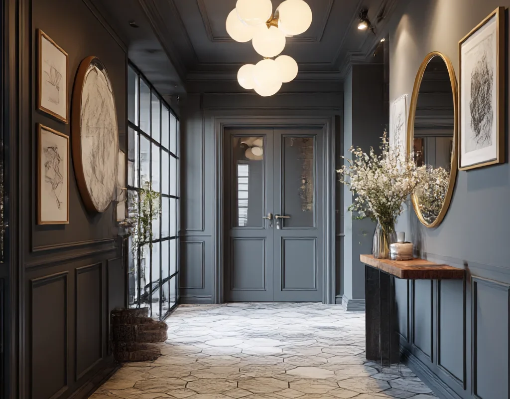 Contemporary Blue Grey Hallway with Hexagonal Tiles