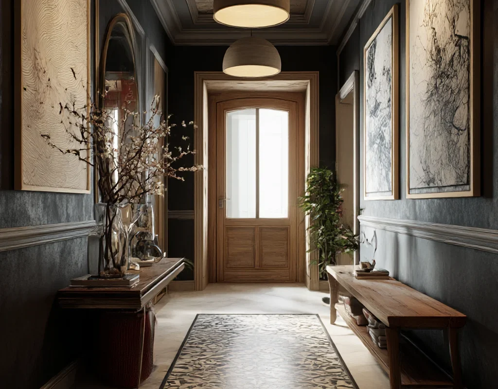 Contemporary Bright Hallway with Patterned Wallpaper