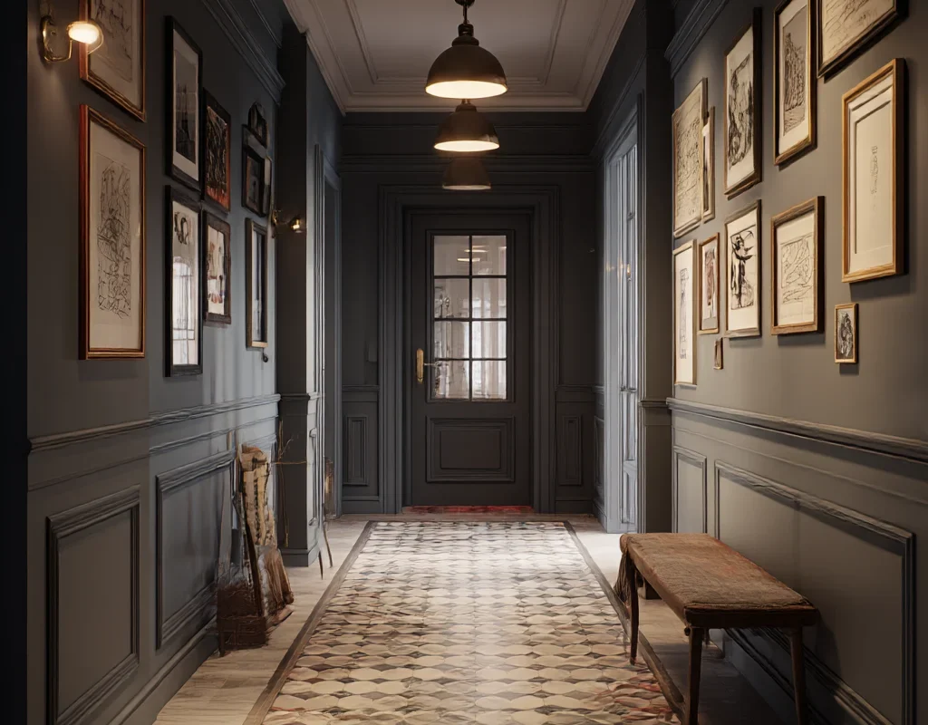 Dark Toned Artistic Hallway with Framed Gallery Wall