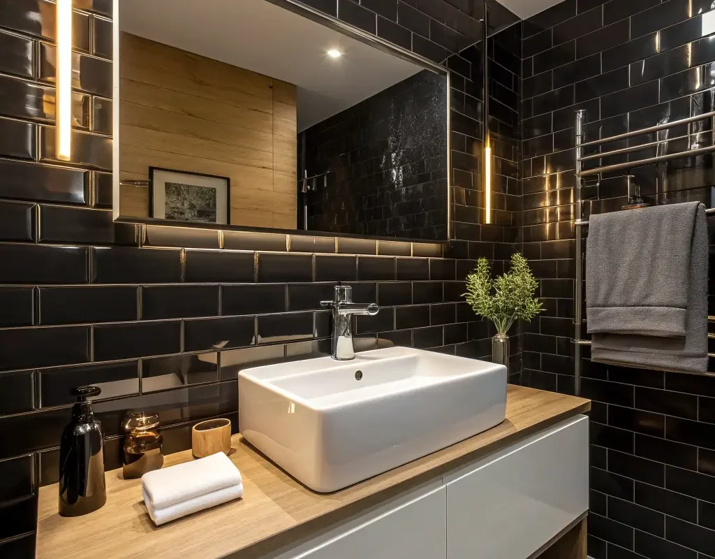 Glossy Black Subway Tile Backsplash