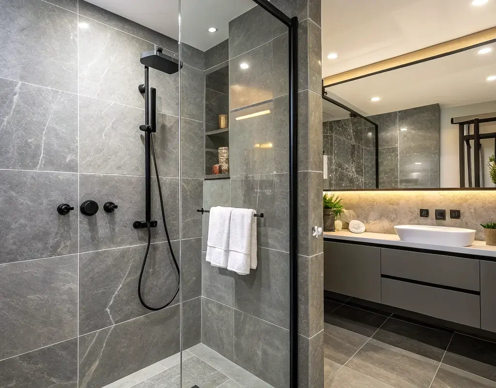 Glossy Grey Tiles with Black Fixtures