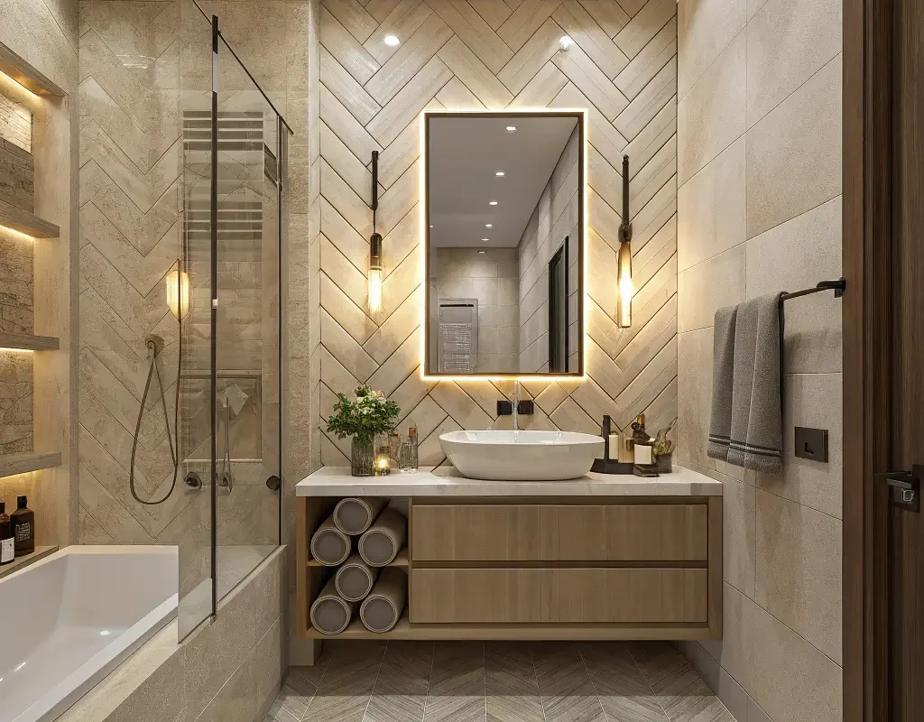 Glossy Neutral Herringbone Wall Tiles