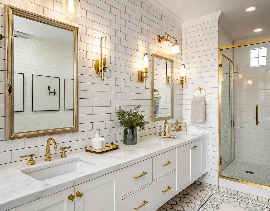 Glossy White Tiles with Metallic Accents