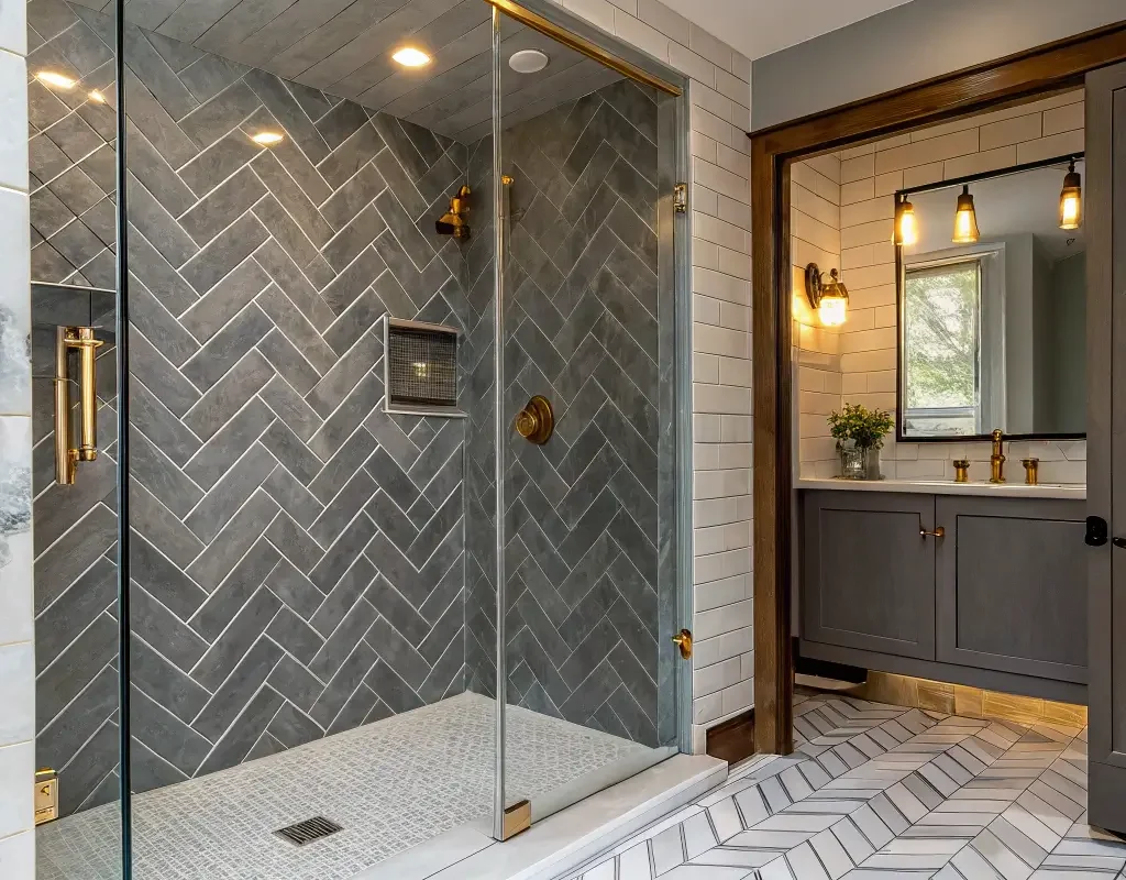 Grey Herringbone Shower Walls
