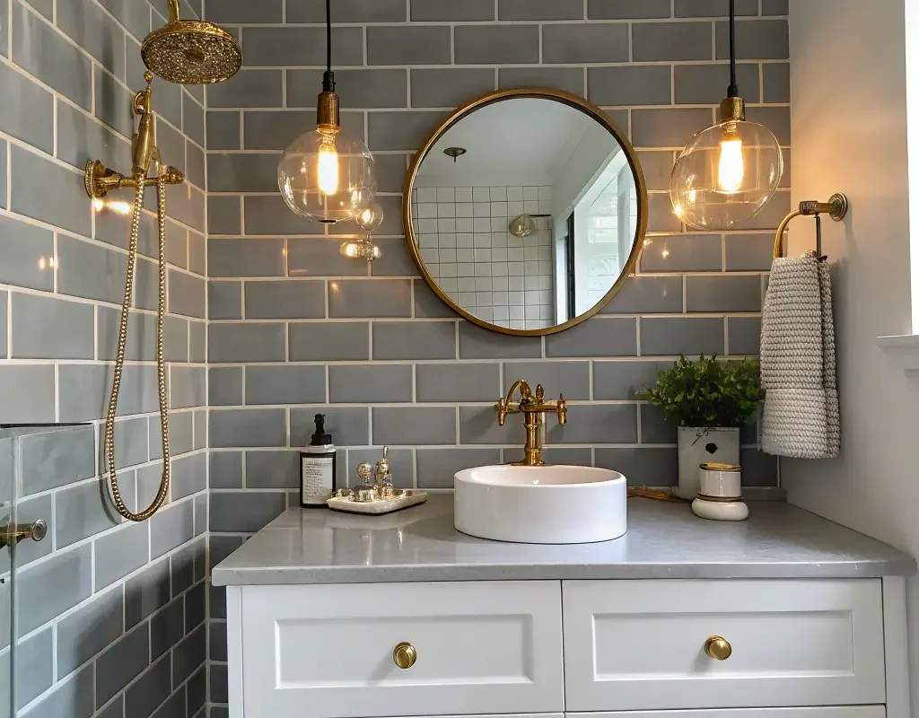 Grey Subway Tile with Brass Accents