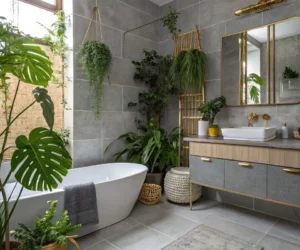 Grey Tiles with Pop of Green Décor