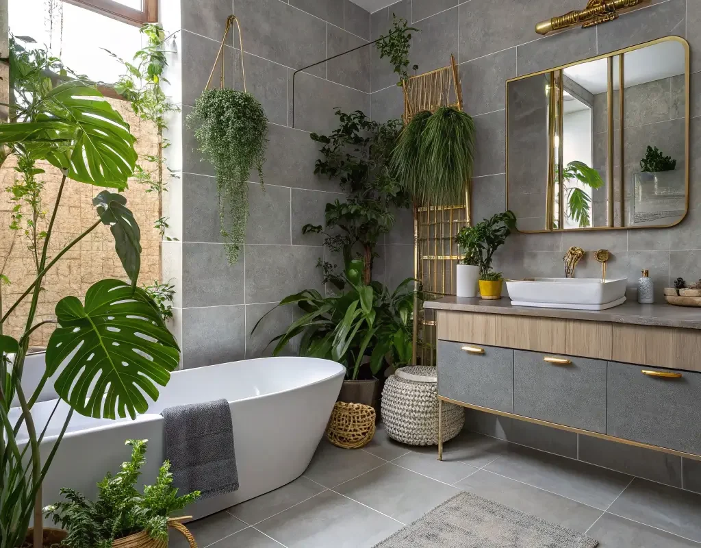 Grey Tiles with Pop of Green Décor