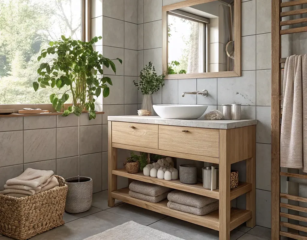 Light Grey Tiles with Wood Accents