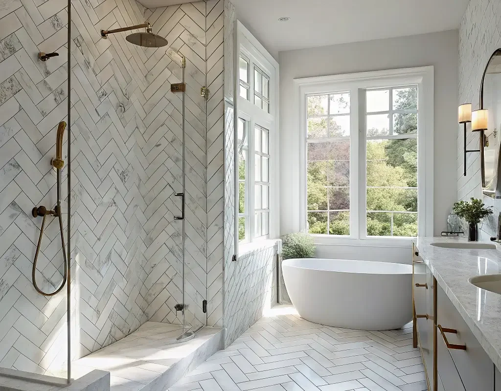 Marble Herringbone Shower Walls
