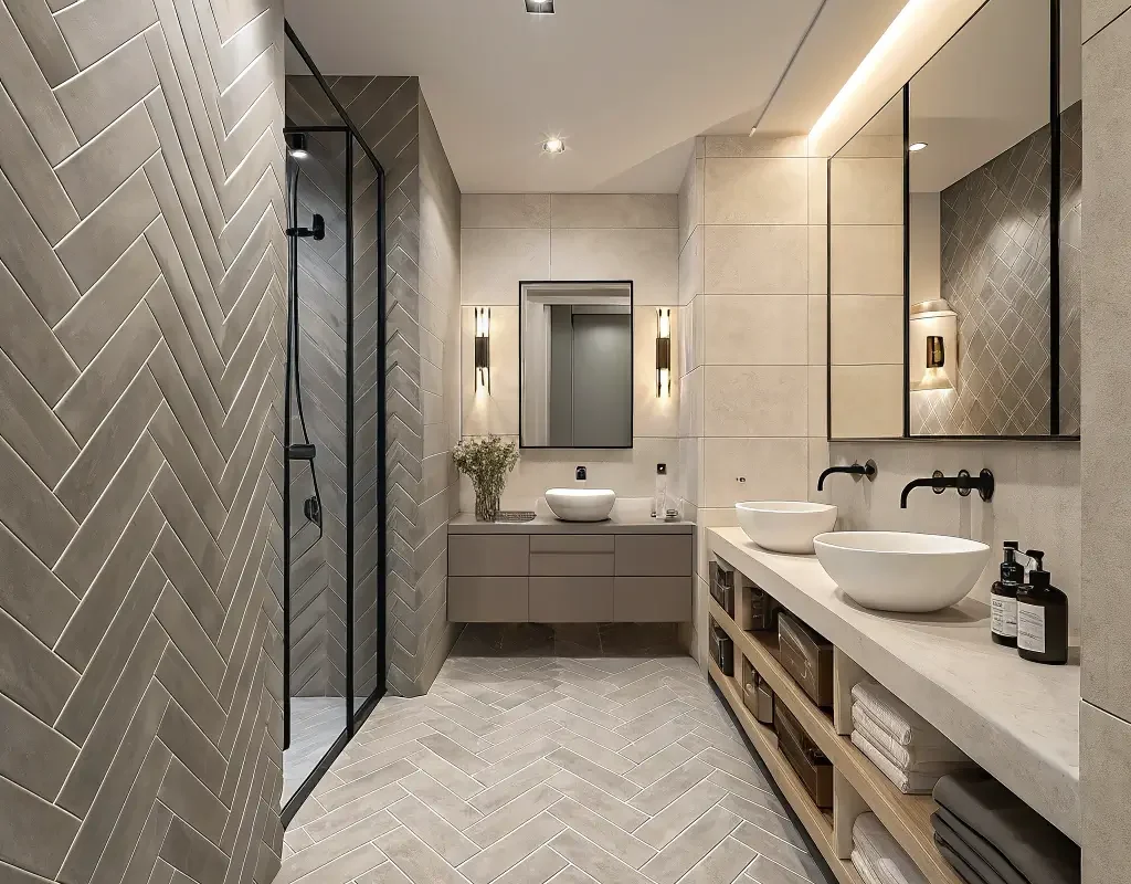 Matte Grey Herringbone Tiles for Minimalist Bath