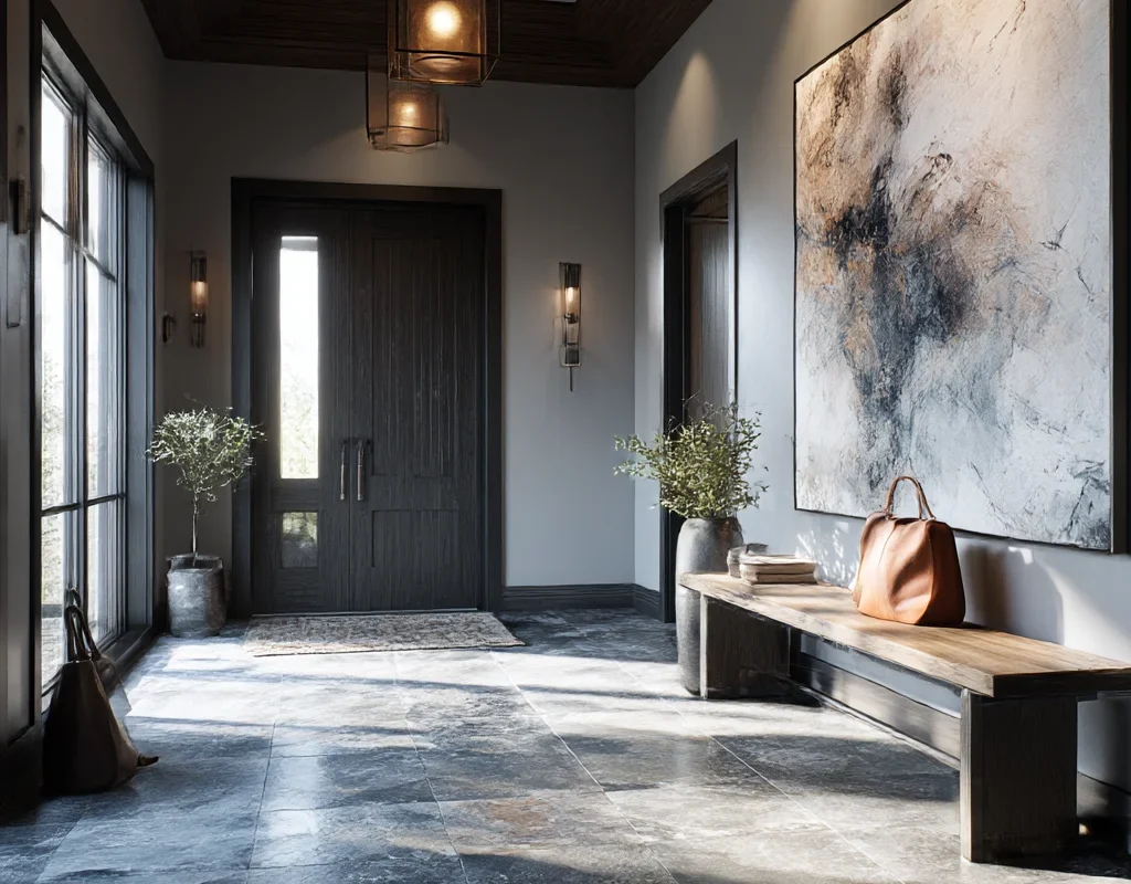 Minimalist Stone Tile Foyer with Modern Art