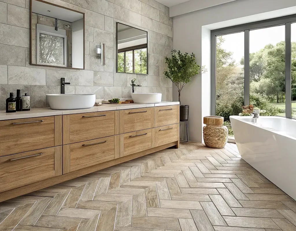 Mixed Material Herringbone Bathroom Design
